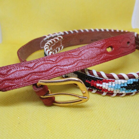 Seed Bead Tan Embossed Genuine Leather Belt Gold Tone Buckle Southwestern Belt - Picture 2 of 7